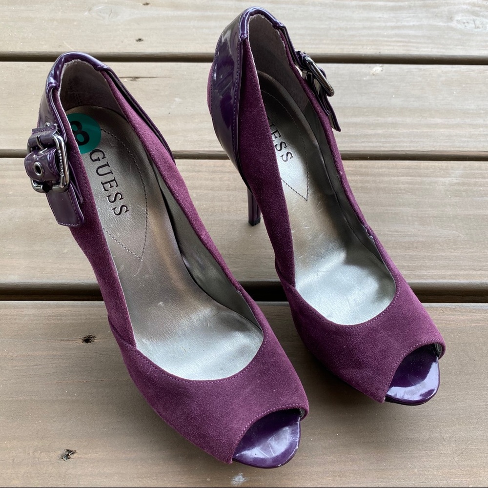 Guess suede stiletto purple size 8 open toe